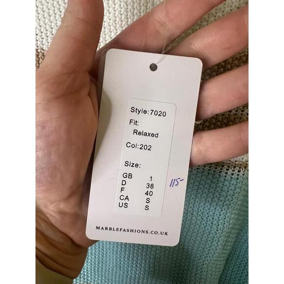 NWT Marble 7020 Blue Beige White Stripes 3/4 Sleeve Pullover Sweater Small - Picture 2 of 10